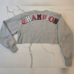 Champion Cropped Embroidered Logo Spellout Reverse Weave Sweatshirt Gray